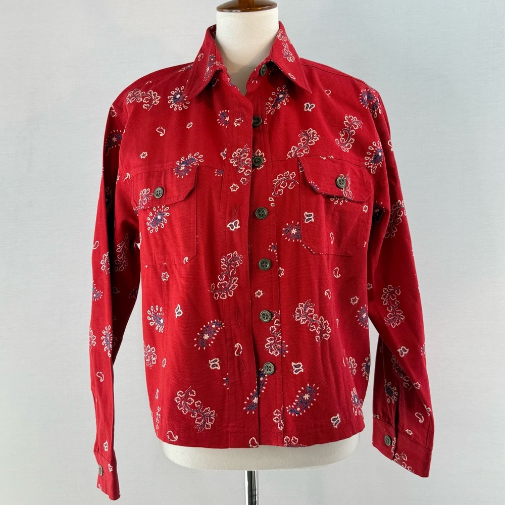 BOSTON PROPER Red Paisley Cotton Denim Button-Up Shirt Jacket